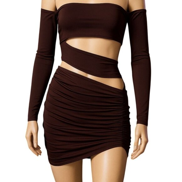 Chocolate Slinky Cut Out Bodycon Mini Dress Size 4 Bardot Y2K Baddie Clubwear - Picture 1 of 11